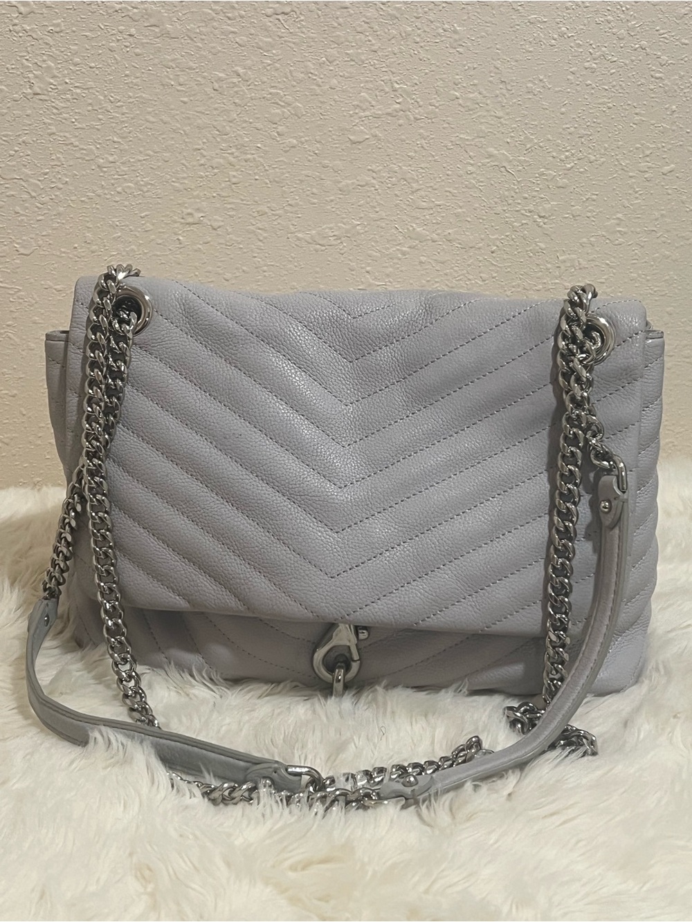 Grey Quilted Chevron Chain-Handle Shoulder Bag